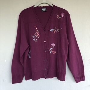 Southern Lady Embroidered Cardigan Women L Burgundy Floral Grandma Teacher USA